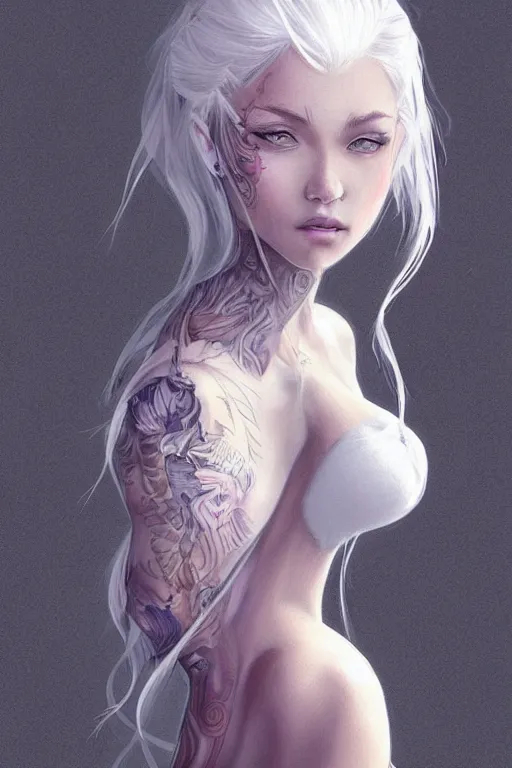 Image similar to teen girl, few speckle skin, tatoo, white hair, gorgeous, amazing, elegant, intricate, highly detailed, digital painting, artstation, concept art, sharp focus, illustration, art by Ross tran and kuvshinov