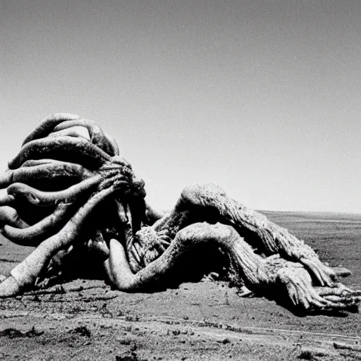 Image similar to in the desert a bloody horrifying The Thing monster , mid day, 35mm photography, realistic,