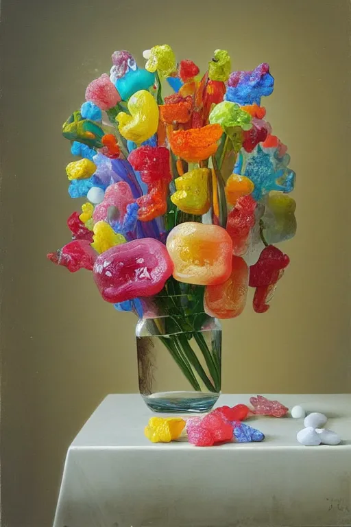 Image similar to painting of gummy flowers in a vase on a table, a surrealist painting by rachel ruysch, trending on deviantart, pop surrealism, surrealist, biomorphic, made of gummy bears flowers and jelly beans flowers, translucent gummy glowing texture