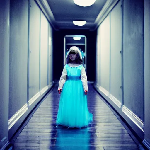 Image similar to “A beautiful photograph of a young girl as a ghost, blue lighting, hallway”