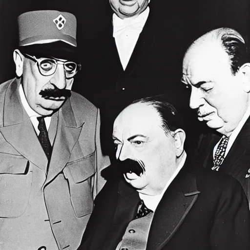 Prompt: groucho marx with winston churchill and stalin sitting at the yalta conference, photograph from 1 9 4 5