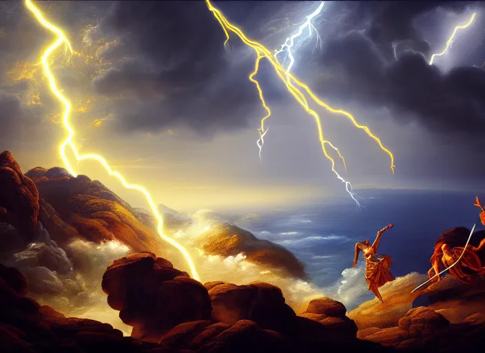 Image similar to soft painting of zeus fighting chronos with a spear of lightning at the top of mount olympus. fantasy style. highly detailed 8 k. intricate. lifelike. soft light. nikon d 8 5 0 5 5 mm. dof. cinematic post - processing.