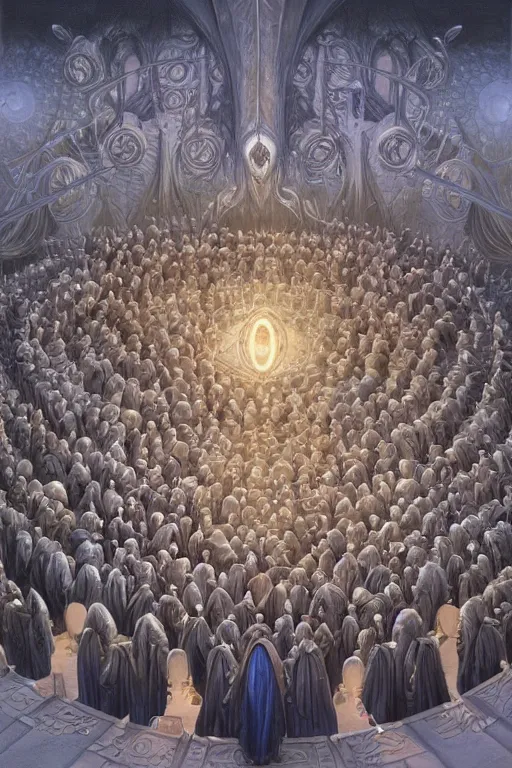 Image similar to a quantum computer surrounded by a dark cabal of hooded elven mystics with long robes gathered in a circular formation, michael whelan, dan seagrave, boris vallejo