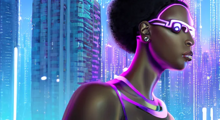 Image similar to portrait of beautiful cyberpunk black woman with afro hair, rio de janeiro pao de acucar corcovado ipanema on the background, blue and purple digital art trending on artstation, beeple, soft lighting, bokeh