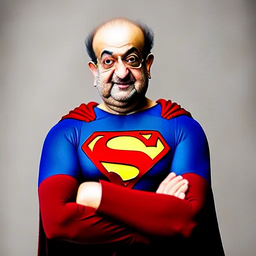 Image similar to kodachrome photographic portrait of author, salman rushdie as superman from the year 3 0 0 0, portrait by annie liebowitz