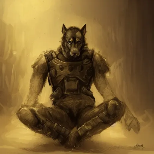 Image similar to a humanoid german shepherd beast - man in military style, sitting on the carpeted floor beside a bed, highly detailed portrait, digital painting, artstation, concept art, smooth, sharp foccus ilustration, artstation