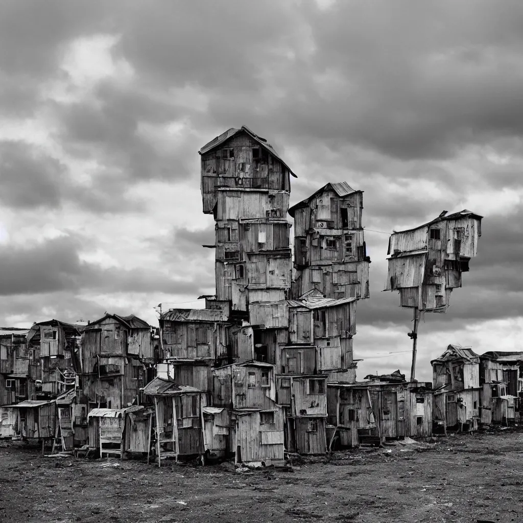 Prompt: towers made up of colourful makeshift squatter shacks, bleached colours, moody cloudy sky, dystopia, mamiya, very detailed, photographed by ansel adams