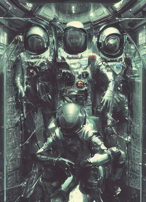 Image similar to astronauts in dark void underwater - complex and hyperdetailed technical suit. reflection and dispersion materials. rays and dispersion of light. volumetric light. f / 3 2. noise film photo. flash photography. ultra realistic, wide angle. poster by wayne barlowe, hajime sorayama aaron horkey, craig mullins