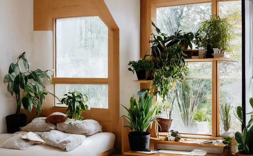 Image similar to interior desing magazine photo of a big window with a wooden frame to sit on, some sandy yellow pillows, there are some books on a small integrated shelf, hanging plants, great architecture, ambient light, 8k