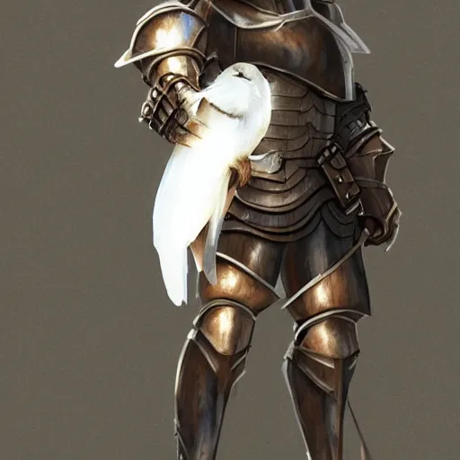 Image similar to armored knight hold a luminance white bird on outstretched hand carefully, atmospheric, concept art