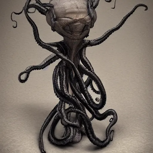 Image similar to eerie asian female elf made of nacre, lovecraftian black smoky tentacles growing, octane rendering