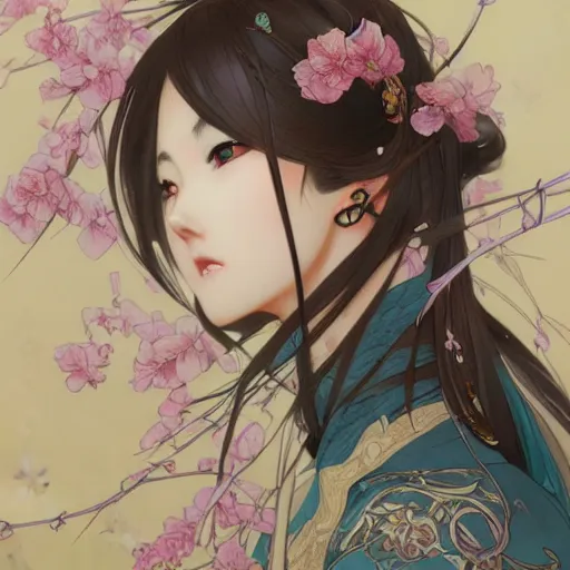 Prompt: adult girl, chinese dress, anime style, hyper detailed, illustration, digital painting, art by artgerm and greg rutkowski and alphonse mucha, high delicate defined details, anime stylized, highly detailed, realistic, sharp focus