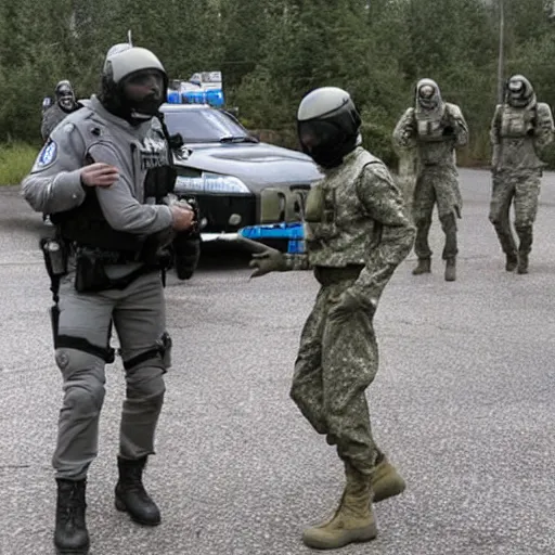 Image similar to a grey alien being arrested by russian special forces