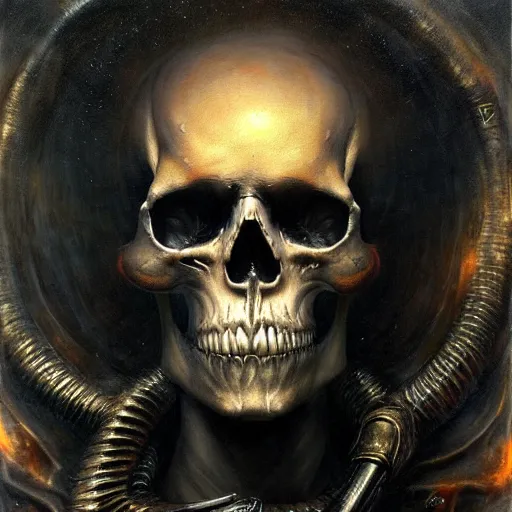 Prompt: fiery skull contemplating life, gracked, detailed, painted by raymond swanland, ((((giger))))