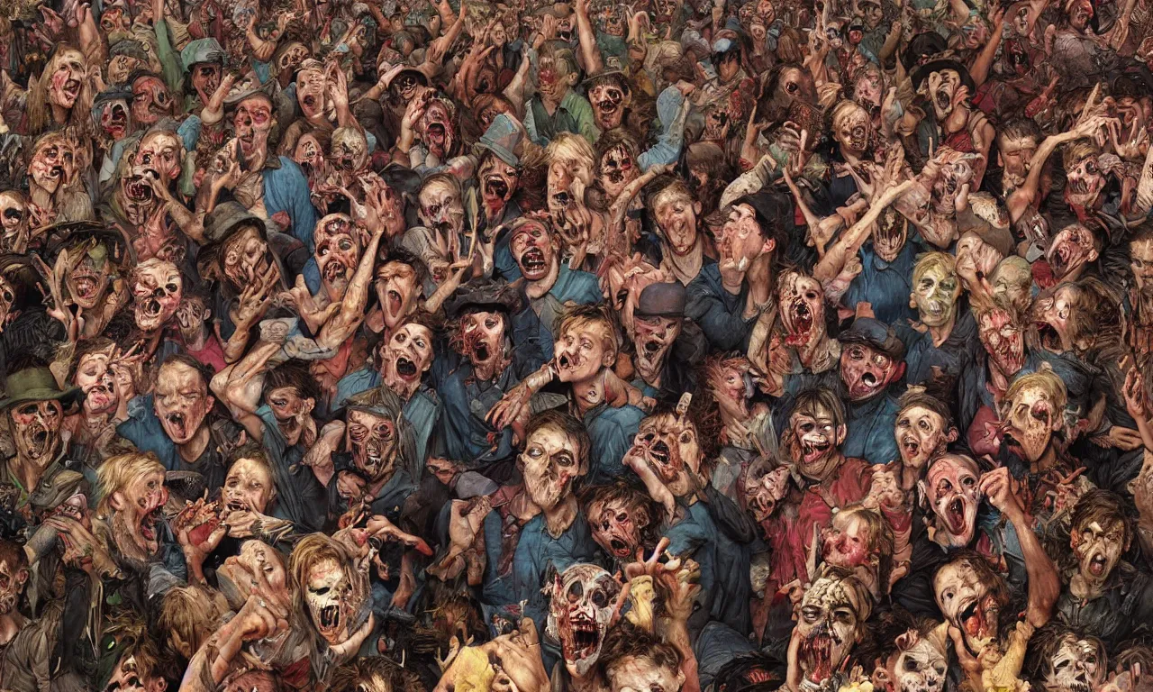 Image similar to a detailed digital art portait of undead backwoods rednecks in a mosh pit, art by norman rockwell, pixar style