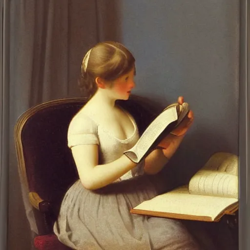 Prompt: a girl reading, old vintage colored photo by ingres, by hayez, strong lights, flat colors, pastel colors, eerie, nostalgic