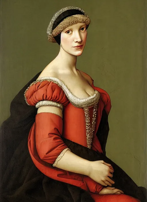 Image similar to portrait of young woman in renaissance dress and renaissance headdress, art by jean - michel folon