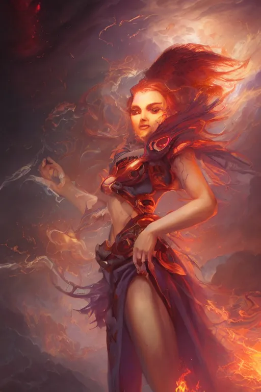 Image similar to beautiful girl necromancer in organic flaming velvet, wizard of the coast casting magic spell, angel, magic storm and thunder clouds, fantasy, magic the gathering, hyper detailed, 3 d render, hyper realistic detailed portrait, peter mohrbacher