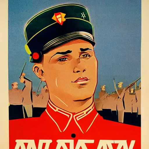 Image similar to soviet propaganda poster depicting a emue in military uniform