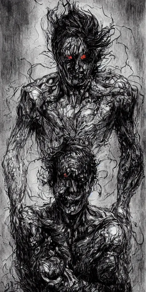 Image similar to concept art of a man with his body covered in burns, with black smoke coming out of his hands, full body, dark colors, sinister atmosphere, dramatic lighting, cinematic, establishing shot, extremely high detail, photo realistic, cinematic lighting, pen and ink, intricate line drawings, by Yoshitaka Amano, Ruan Jia, Kentaro Miura, Artgerm, post processed, concept art, artstation, matte painting, style by eddie mendoza, raphael lacoste, alex ross,