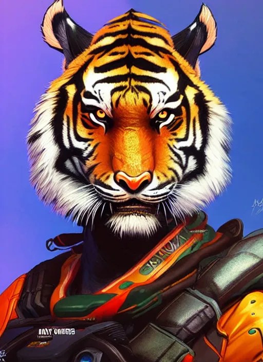 Image similar to The Tiger Queen as an Apex Legends character digital illustration portrait design by, Mark Brooks detailed, soft lighting