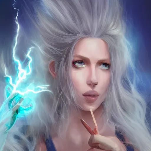 Prompt: a human wizard casting a spell, female, auburn and blonde two toned hair, crackling blue lightning, fantasy, d & d, intricate, elegant, highly detailed, digital painting, artstation, concept art, matte, sharp focus, illustration, in the style of magic the gathering