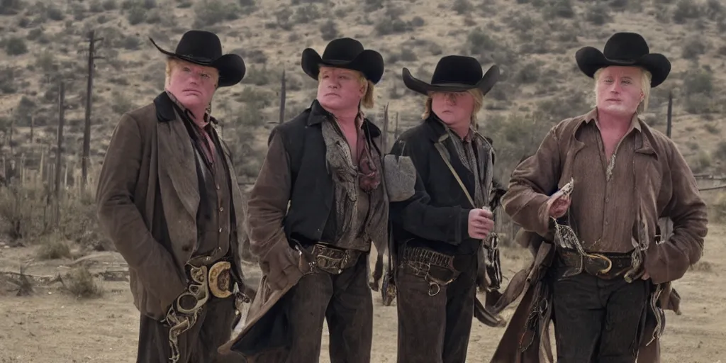 Prompt: busy wild-west-town with Phillip Seymour Hoffmann and two bandits