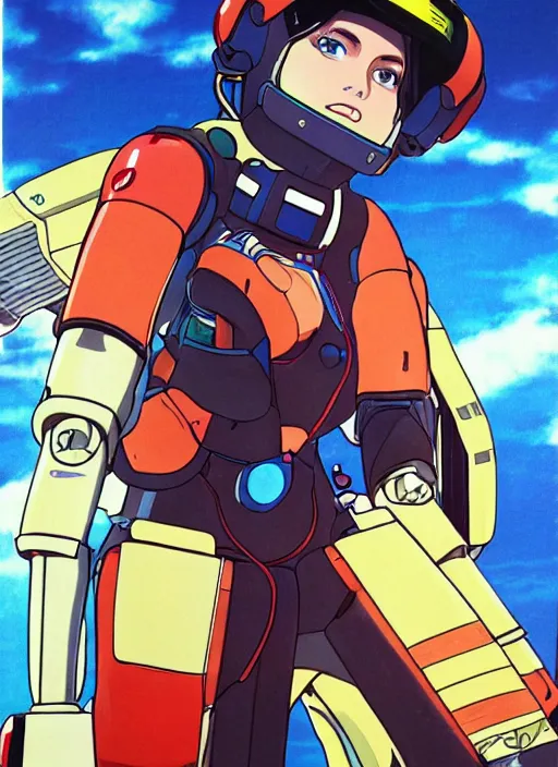 Image similar to Portrait of a female mech pilot in a bodysuit, 80s anime, cel-shaded, highly detailed, dramatic background, complementary lighting, poster