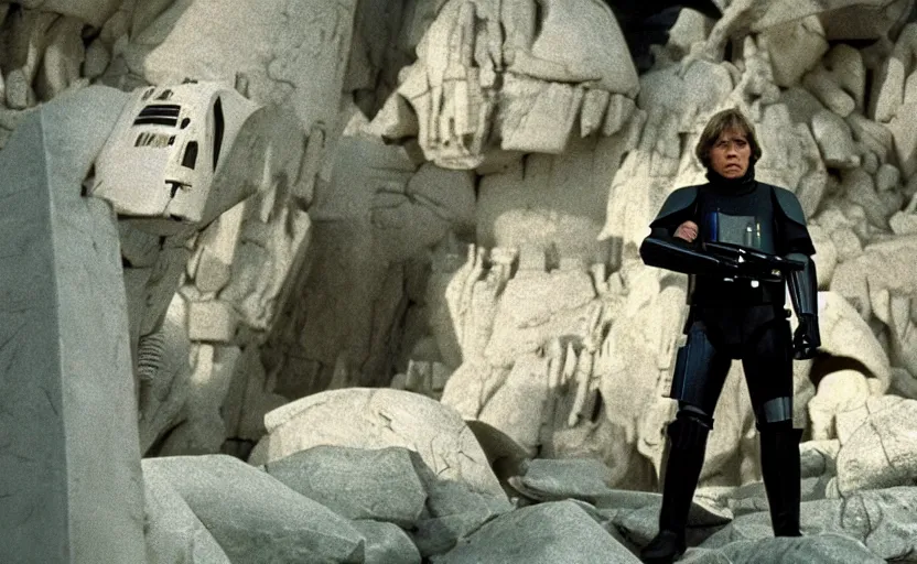 Image similar to screenshot portrait of Luke Skywalker, played by Mark Hammill, in a graveyard of stormtroopers, outside a rocky Jedi Temple scene from The Force Awakens, 1980s film by Stanley Kubrick, moody lighting, stunning cinematography, hyper-detailed, sharp, anamorphic lenses, kodak color film, 4k