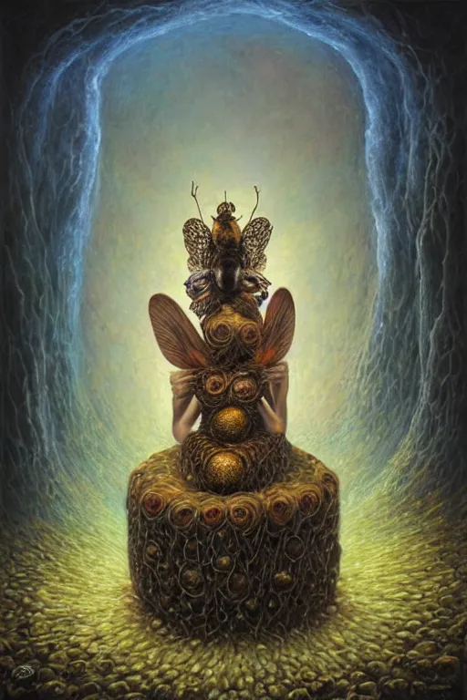 Image similar to the personification of a queen bee sitting on her hive throne. art by tomasz alen kopera.