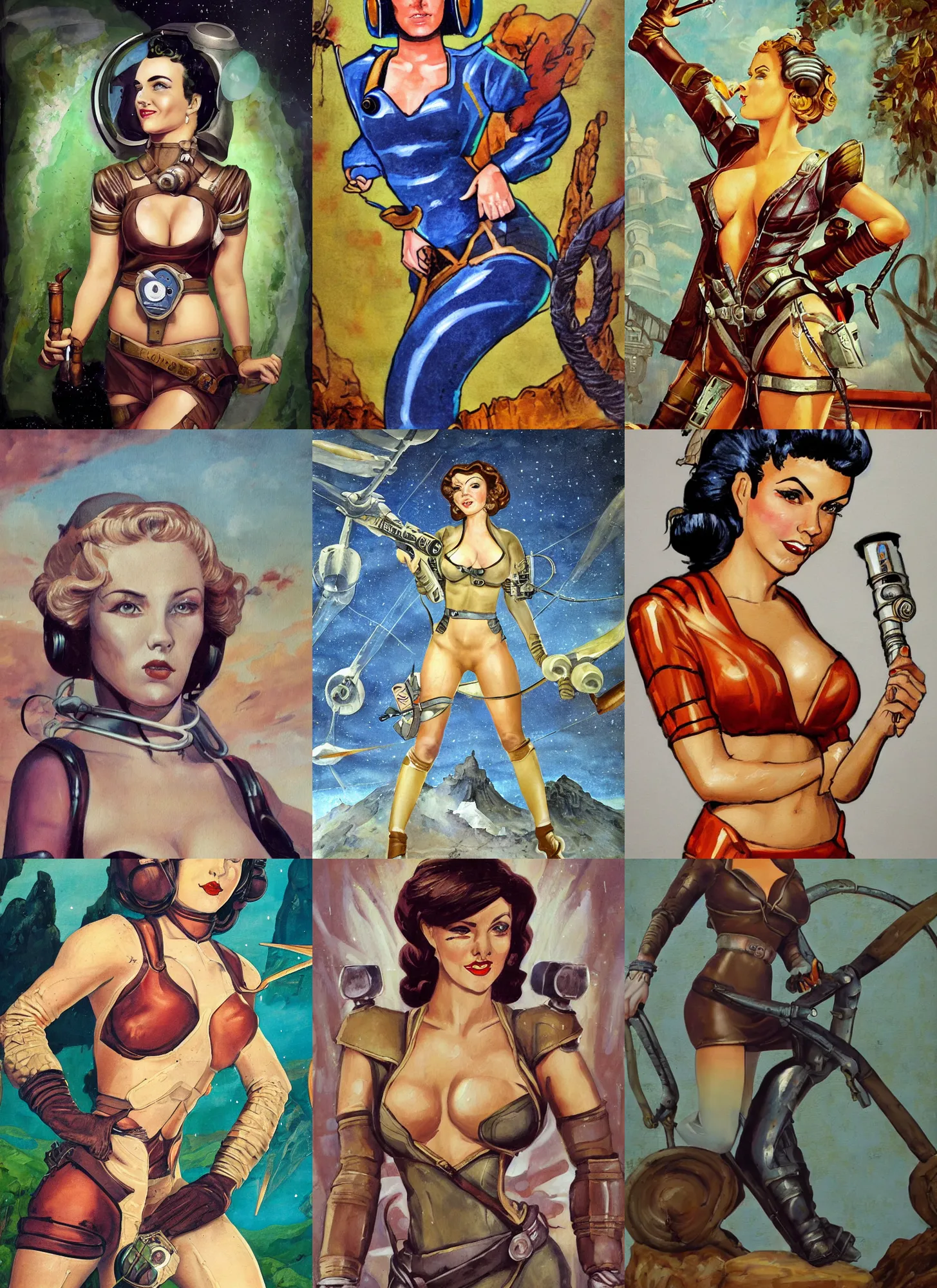 Image similar to fresco secco painting of a d & d style retro sci - fi pilot pinup, beautiful face and wearing full detailed clothing