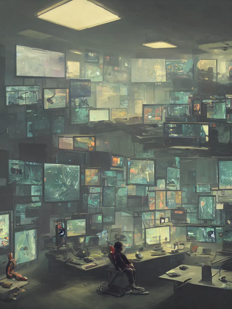 Image similar to a boy sitting in an hacker room with many screens in a painting from stalenhag, 4 k, 8 k, hdr, artstation, concept art