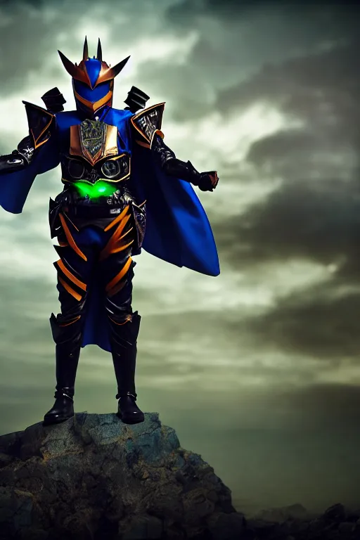 Image similar to High Fantasy Kamen Rider with a flowing cape, single character full body, 4k, rock quarry location, daytime, glowing eyes, rubber suit, dark blue segmented armor, fantasy inspired segmented dragon armor, ultra realistic, high quality, cinematic, centered, cinematography