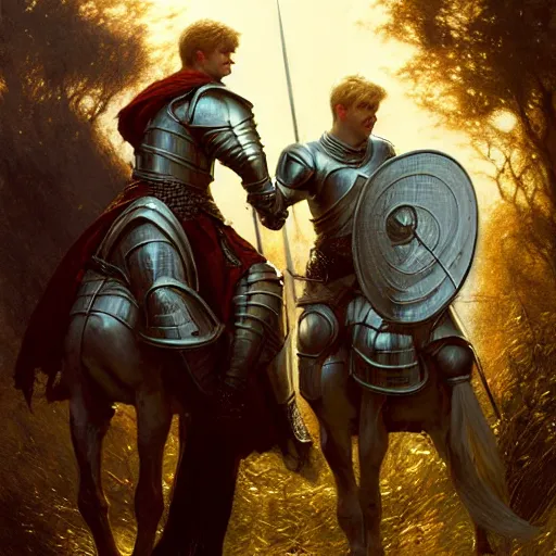 Image similar to attractive arthur pendragon and his favourite attractive male knight, they are in love, camelot, natural lighting, path traced, highly detailed, high quality, digital painting, by gaston bussiere, craig mullins, j. c. leyendecker