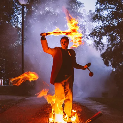 Prompt: professional photograph of a cat juggling fire sticks ona unicycle