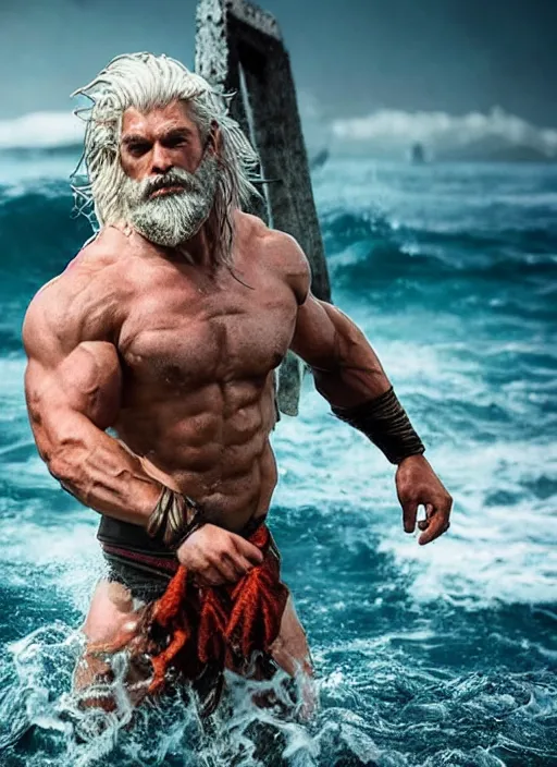 Image similar to rugged zeus in the ocean, god of thunder, greek god, white hair, masculine, powerful, handsome, upper body, white robe, in mortal kombat, splash art, movie still, cinematic lighting, dramatic, octane render, long lens, shallow depth of field, bokeh, anamorphic lens flare, 8 k, hyper detailed, 3 5 mm film grain