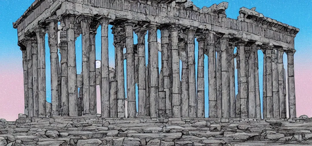 Image similar to The ruins of the Silver Millennium on the moon from Sailor Moon, digital painting, Earth in the distance, Greek-esque columns and ruins