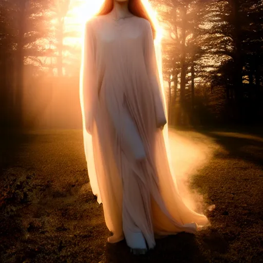 Image similar to photographic portrait of a stunningly beautiful alluring serene stark female ghost in soft dreamy light at sunset, smoke fog dust, god rays contemporary fashion shoot, by edward robert hughes, annie leibovitz and steve mccurry, david lazar, jimmy nelsson, breathtaking, 8 k resolution, extremely detailed, beautiful, establishing shot, artistic, hyperrealistic, beautiful face, octane render