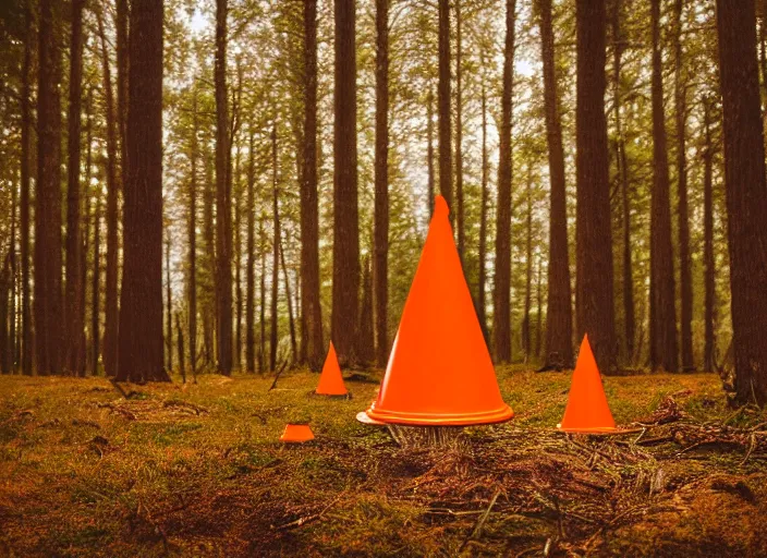 Prompt: a forest with an orange cone scattered about, cinematic photo, atomspheric lighting, 2 4 mm lens, unreal, octane render, detaileld sharp, masterpiece, dynamic, surreal