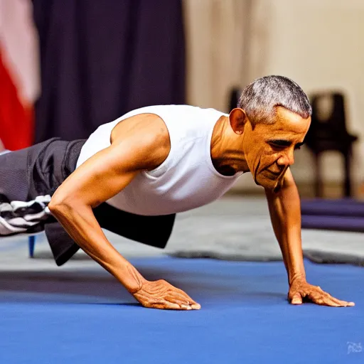 Prompt: Obama doing push-ups in a gymnasium, 40nm lens, shallow depth of field, 4k,