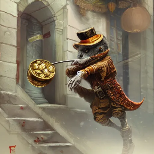 Prompt: anthropomorphized rat thief stealing gold coins from a shop, wearing fancy hat and clothes, concept art, insanely detailed and intricate, hypermaximalist, elegant, ornate, hyper realistic, super detailed, art deco, cinematic, trending on artstation, magic the gathering artwork