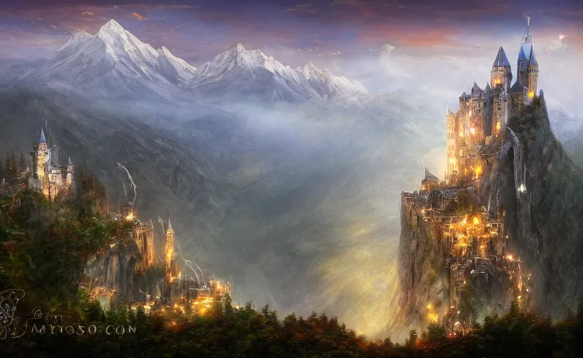 Image similar to beautiful secret city of the elves gondolin on top of a mountain, magical gloomy mystical. by konstantin razumov, fractal flame, chiaroscuro, highly detailded, mech robot