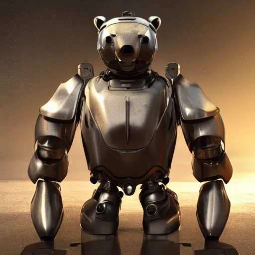 Prompt: a futuristic mech armor for a bear, clean shiny surfaces, product photography, clean render, beautiful reflections and lighting, shot on film