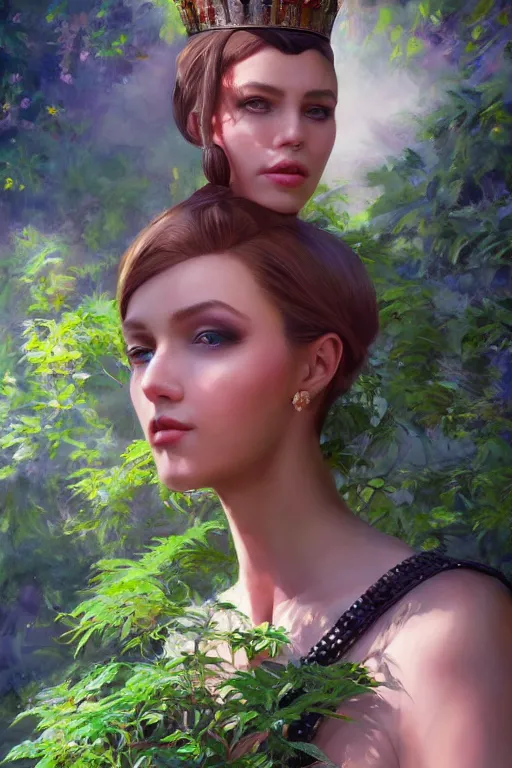 Image similar to portrait of a queen, painting by michael wellen, john stephens, artgerm, ilya kuvshinov, in a verdant garden, tone mapping, trending on artstation