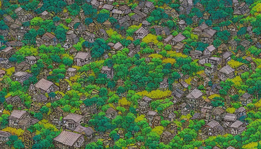 Image similar to japanese village in green mountains by shigeru mizuki, hyperdetailed, artstation, cgsociety, 8 k