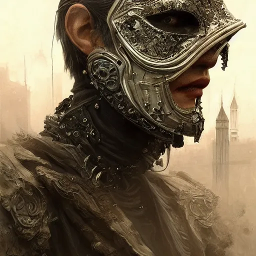 Image similar to Very very very very highly detailed epic photo of face with venetian mask, intricate, dystopian, sci-fi, extremely detailed, digital painting, artstation, concept art, smooth, sharp focus, illustration, intimidating lighting, incredible art by Jakub Rozalski and Artgerm and Anton Pieck