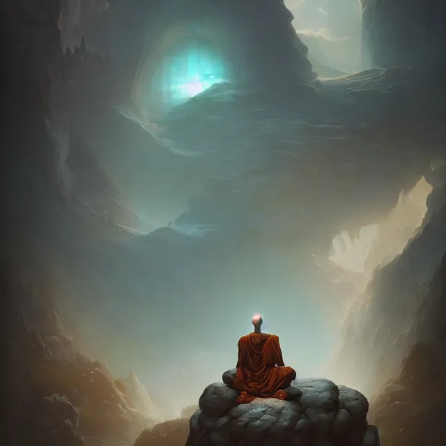 Image similar to in the style of peter mohrbacher, a glowing monk floating and meditating on a rock, dystopian landscape, intricate, masterpiece, award winning, fantasy, hyperrealism intricate