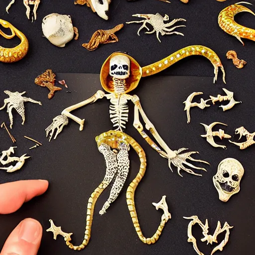 Prompt: stop motion bipedal halloween eel snake skeleton fantasy mermaid with a fish bone body, wearing a magic imbued mage top with gold accent jewelry, inside a handcrafted cardboard dock to look at the hand painted night sky full of glittery star stickers and glow in the dark star stickers over a shredded paper sea, adorable, charming, macro camera lens