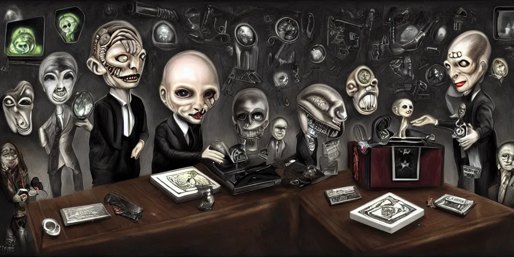 Prompt: aliens in black handing over artifacts and technology to a politician, inspired by mark ryden, concept art, digital art