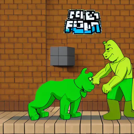 Prompt: scooby doo in minecraft with shrek fight, high detailed, artstation trend